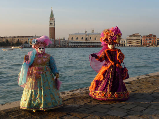 Venice Carnival 2012, (Foreground) Masqueraders on the island of San Giorgio, (Background) Piazza San Marco, Photo credit: Leslie Rosa